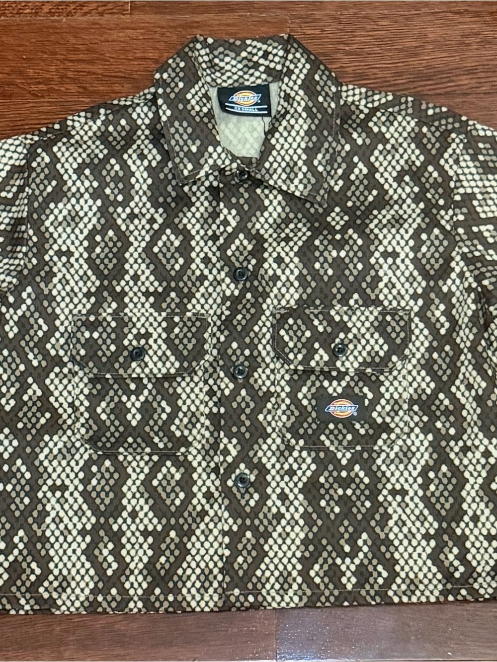 Dickies Brown & Cream Snake Print Button-Up Crop Shirt Size